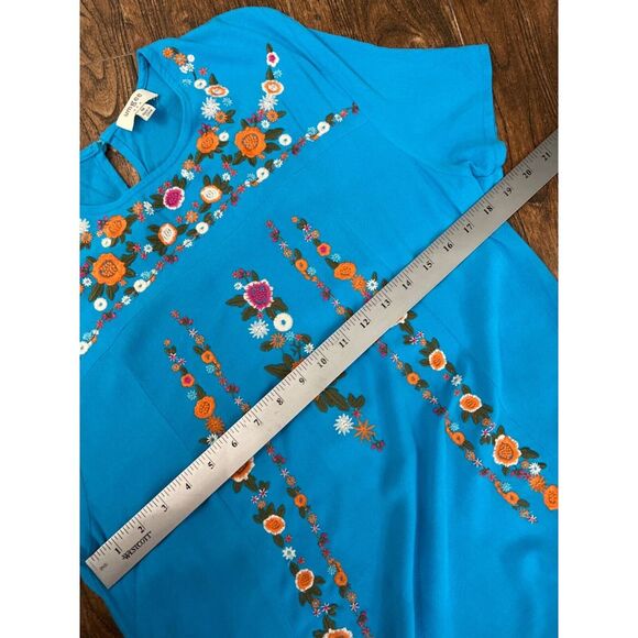 UMGEE BRIGHT TURQUOISE BLUE SHORT SLEEVE EMBROIDERED FLOWY BOHO A-LINE DRESS M - Picture 8 of 9